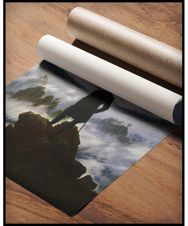 Ein Kunstdruck des Wanderers über dem Nebelmeer, gerollt auf einer Holzoberfläche liegend