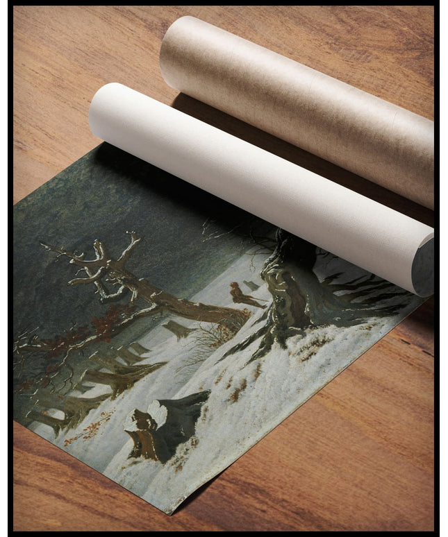 Ein Kunstdruck mit einem kahlen Baum und Baumstümpfen inmitten einer schneebedeckten Winterlandschaft, gerollt auf einer Holzoberfläche liegend
