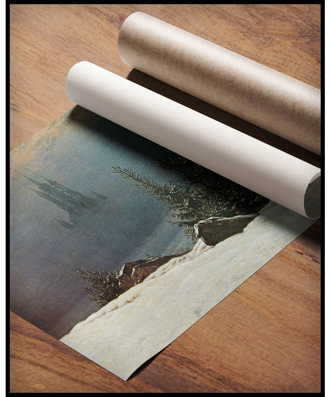 Ein Kunstdruck von einer Kreuzigung und einer Kirche in einer Winterlandschaft, gerollt auf einer Holzoberfläche liegend