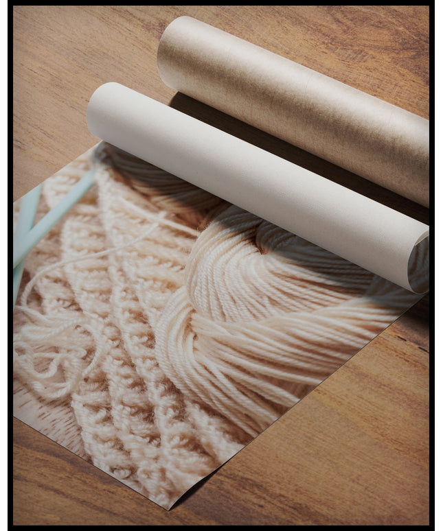 Ein Poster von einer Nahaufnahme von Wolle und Häkelwerkzeug, gerollt auf einer Holzoberfläche liegend