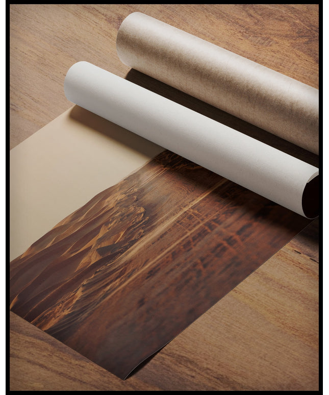 Ein Poster von einer trockenen Straße die durch eine sandige Wüste führt, gerollt auf einer Holzoberfläche liegend