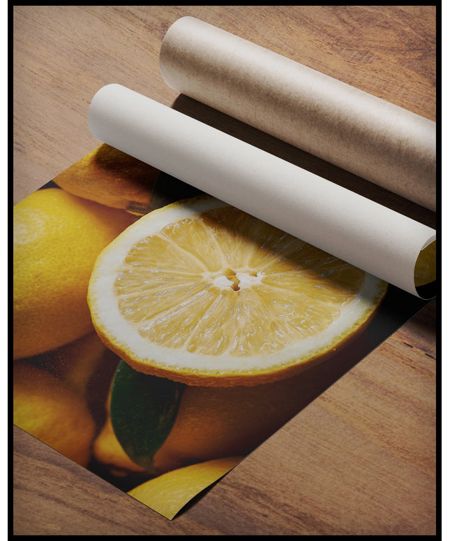 Ein Poster von einer Nahaufnahme mehrerer Zitronen, gerollt auf einer Holzoberfläche liegend