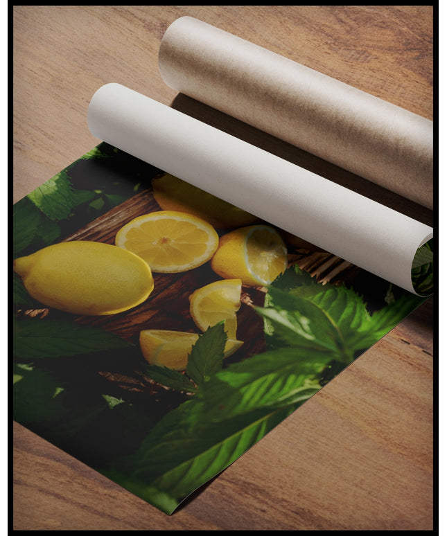 Ein Poster von mehreren Zitronen und Zitronenstücken auf einem Holzbrett umgeben von grünen Blättern, gerollt auf einer Holzoberfläche liegend