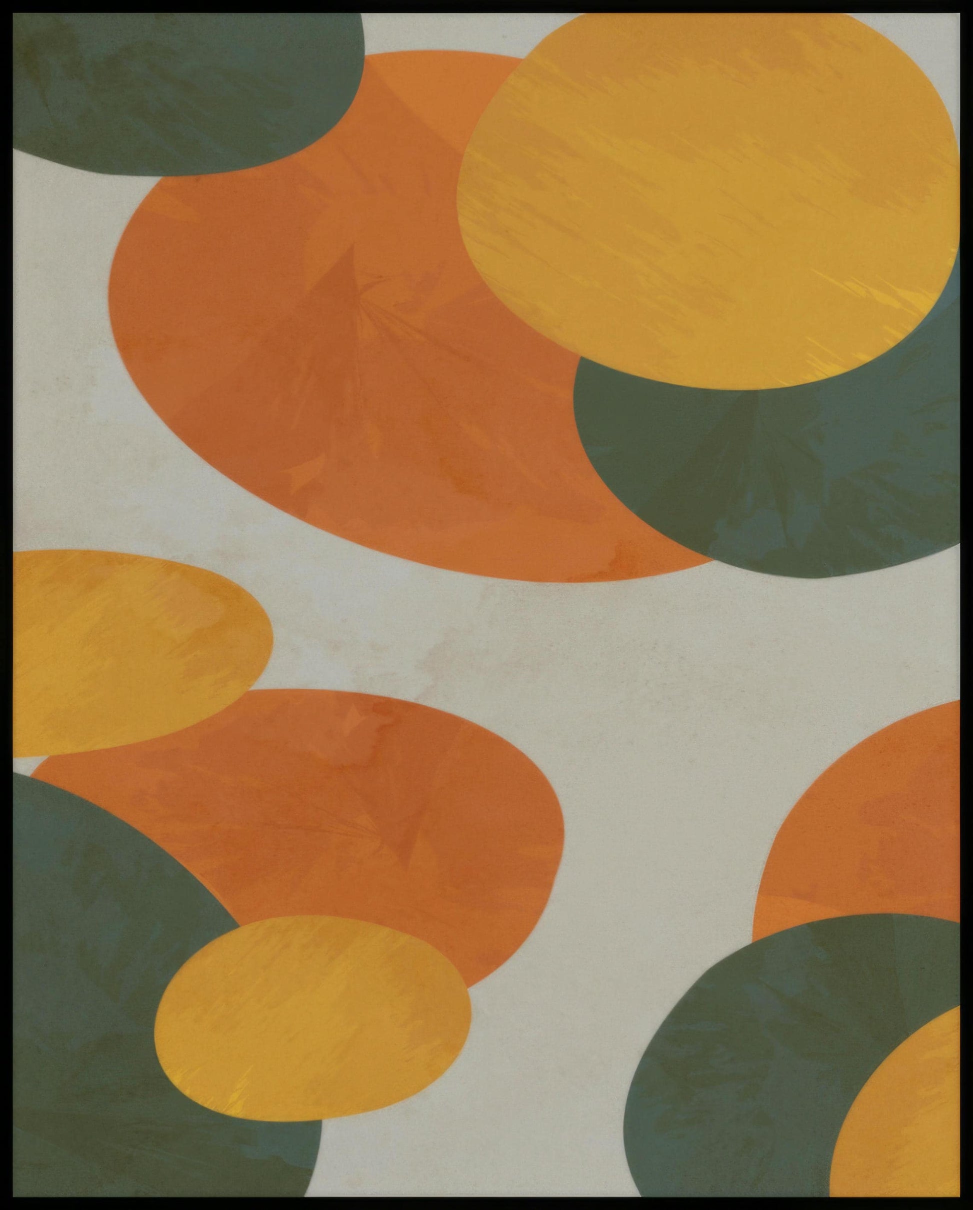 Ein Poster von abstrakten runden Formen in Orange, Gelb und Grün auf einem beigen Hintergrund.