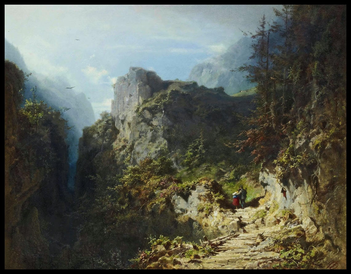 Paysage de montagne avec couple d'amoureux (chasseur et jeune fille)
