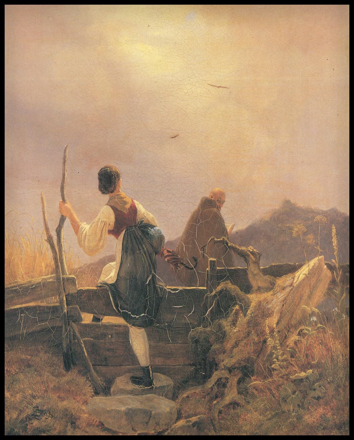 Alpine dairymaid and monk