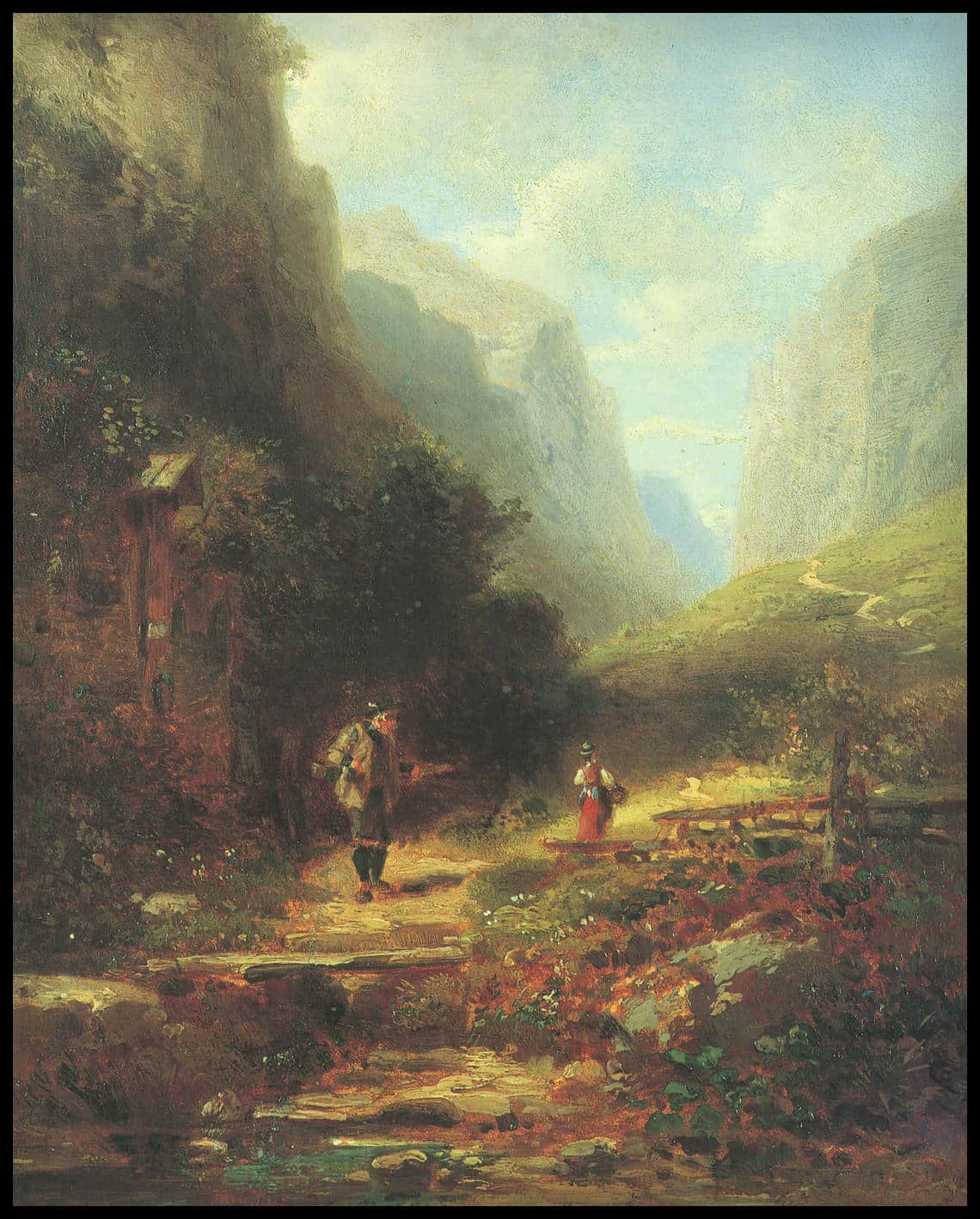 Alpine dairymaid and the hunter looking on