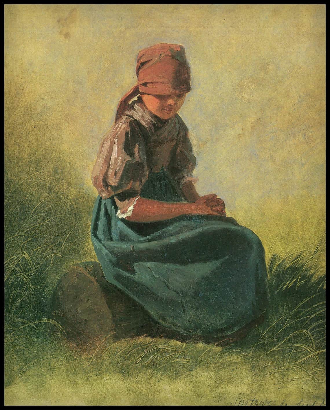Seated peasant girl with headscarf and blue skirt