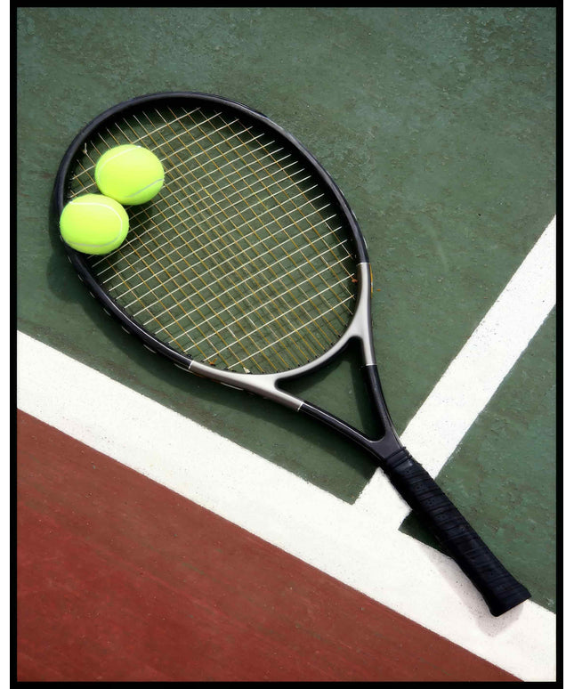 Ein Poster von einem Tennisschläger und zwei Tennisbällen auf einem Tennisplatz mit grünen und roten Feldern.
