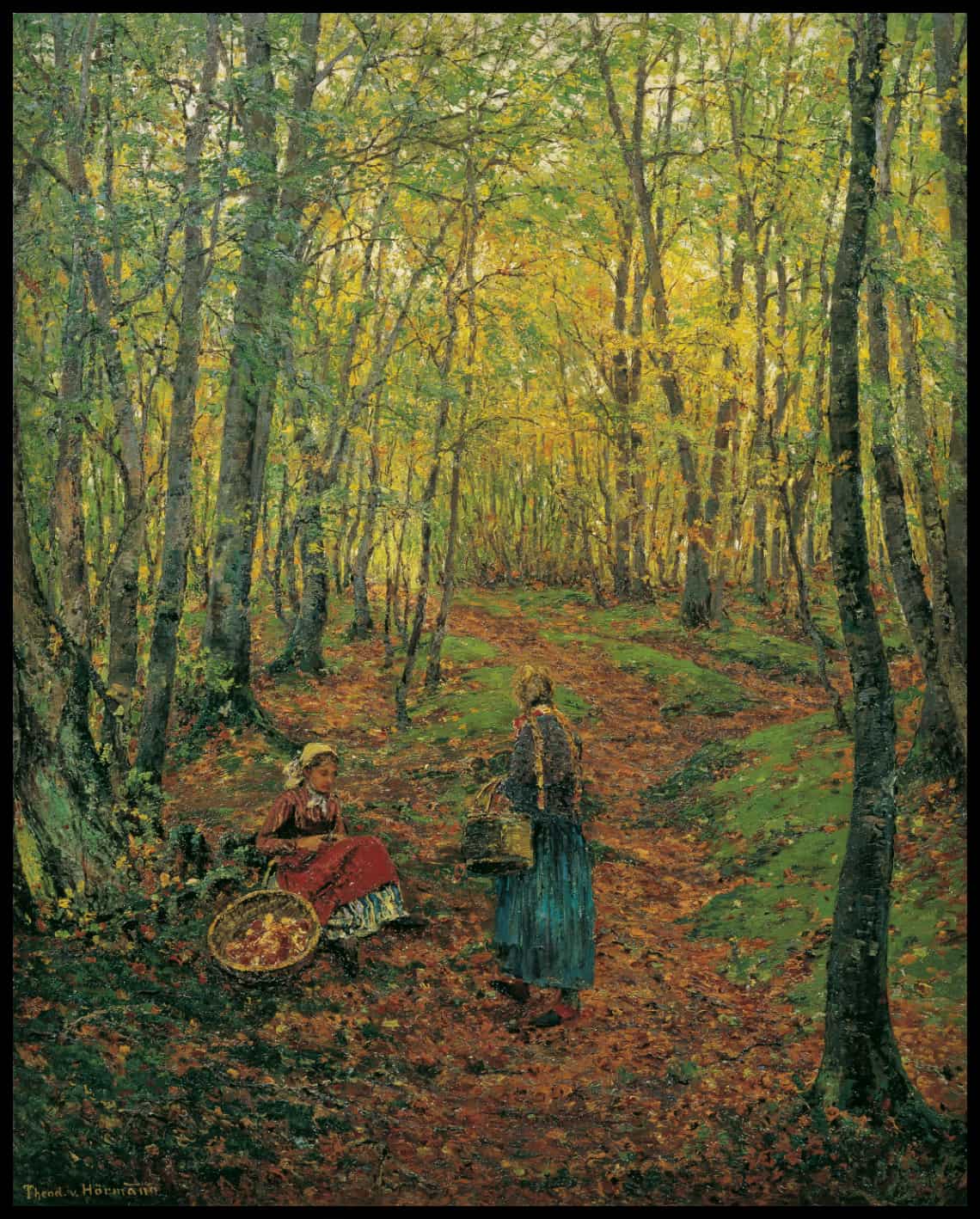 Forest interior with a girl looking for mushrooms