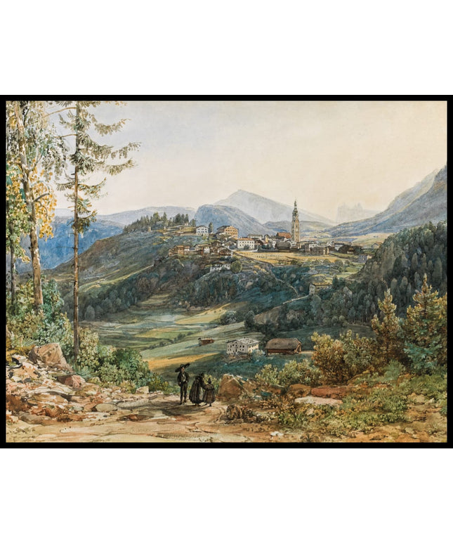 Ansicht von Kastelruth in Südtirol, im Hintergrund die Gebirge des Grödnertales