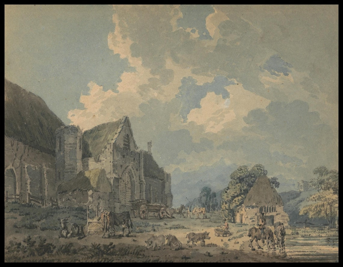 The Tithe Barn at Abbotsbury with the Abbey on the Hill