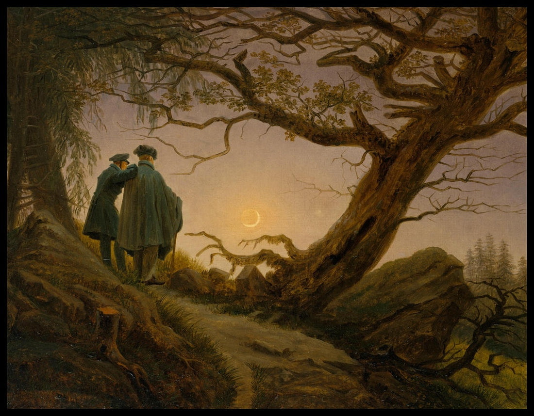 Ein Kunstdruck von zwei Männern neben einem Baum die den Mond betrachten