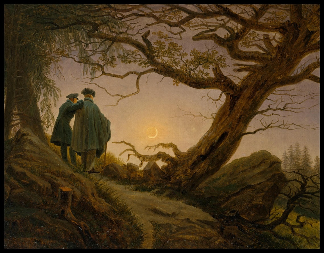 Ein Kunstdruck von zwei Männern neben einem Baum die den Mond betrachten