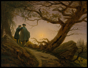 Ein Kunstdruck von zwei Männern neben einem Baum die den Mond betrachten