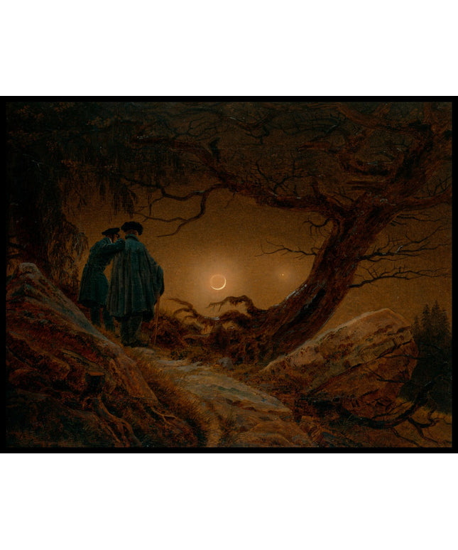 Ein Kunstdruck von zwei Männern neben einem Baum die den Mond betrachten