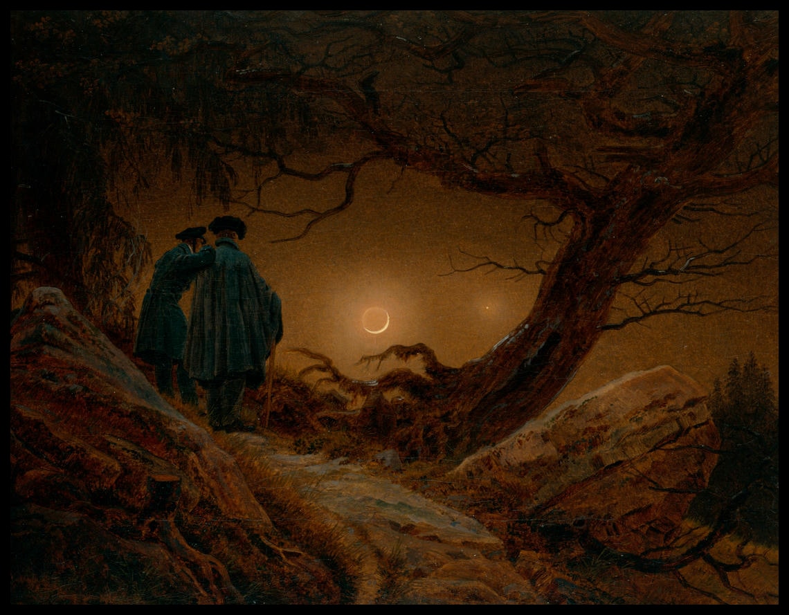 Ein Kunstdruck von zwei Männern neben einem Baum die den Mond betrachten
