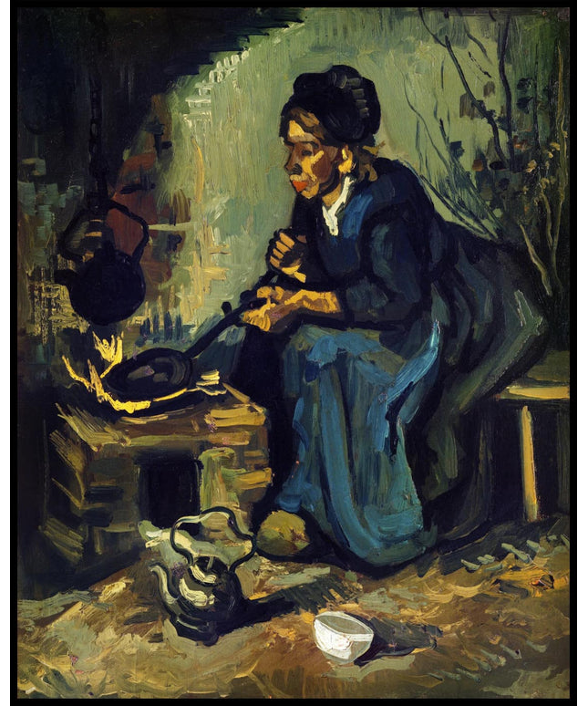 Bäuerin, am Herd sitzend