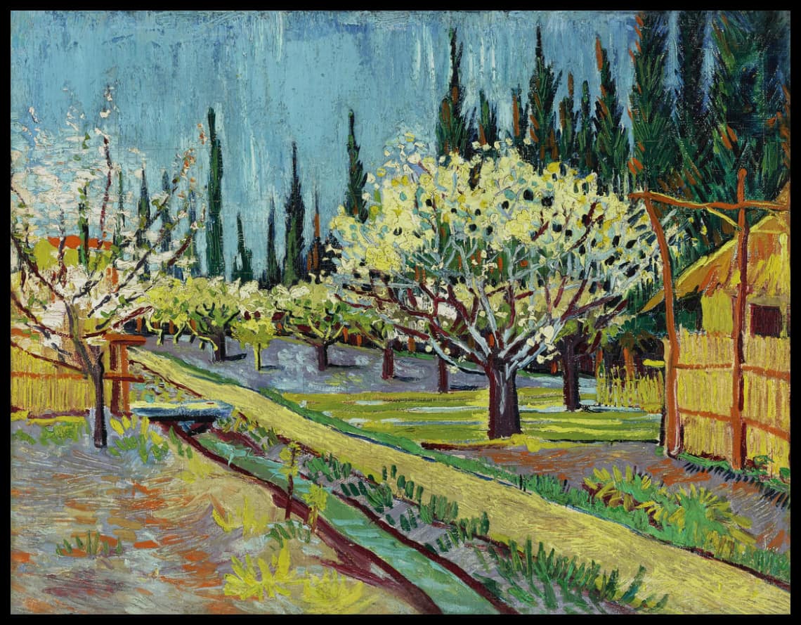 Blühender Obstgarten, von Zypressen umgeben