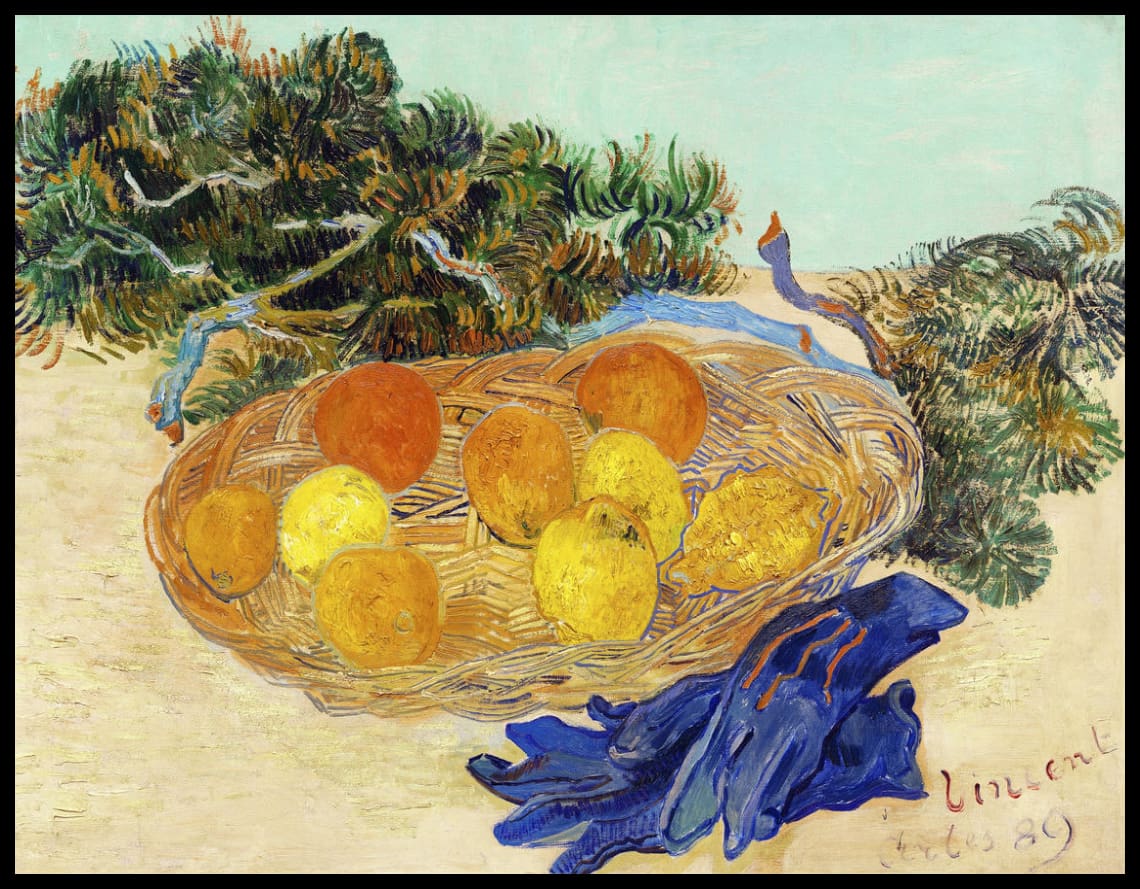 Still Life of Oranges and Lemons with Blue Gloves