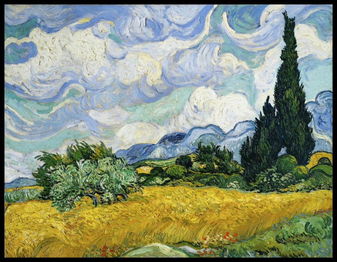 Champ de blé avec cyprès
