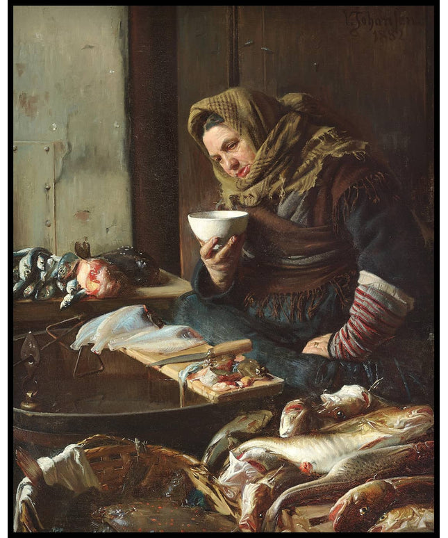 A fisherwoman warms her hands on a cup of hot soup