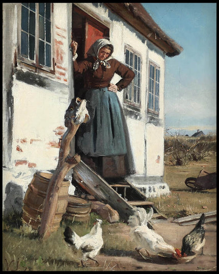 A woman feeds the chickens, with a cod's head on a stick seen on the left side