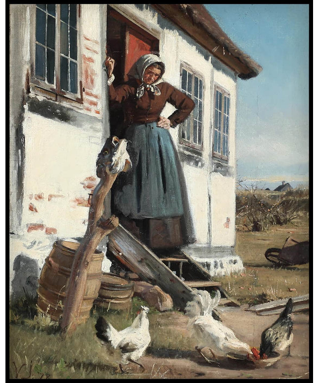 A woman feeds the chickens, with a cod's head on a stick seen on the left side