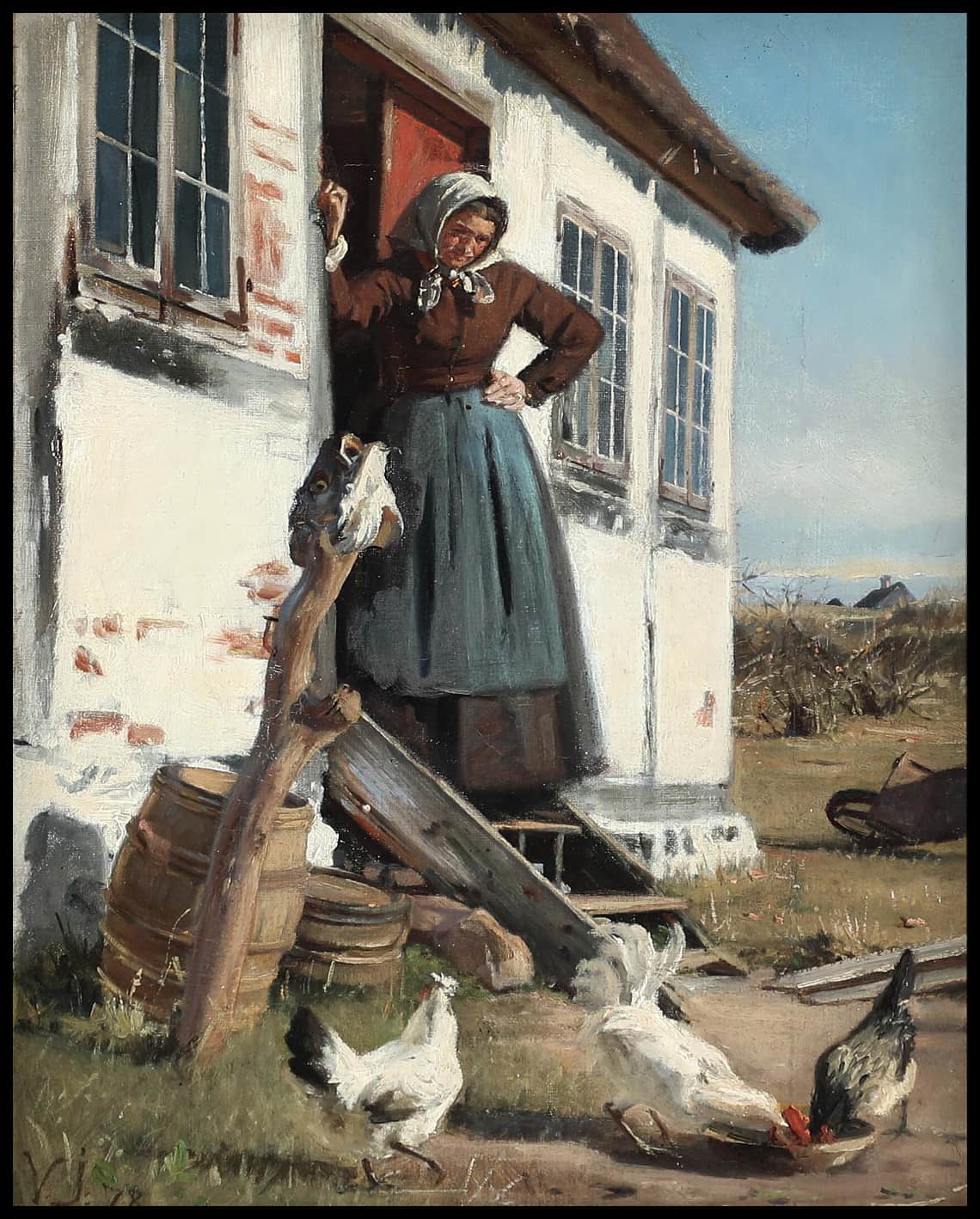 Une femme nourrit les poulets, avec la tête d'un coq sur un bâton vu à gauche