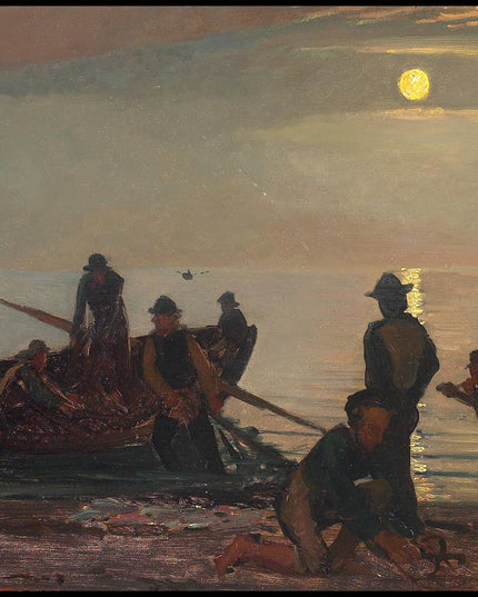 Fishermen in Skagen preparing to go fishing by moonlight