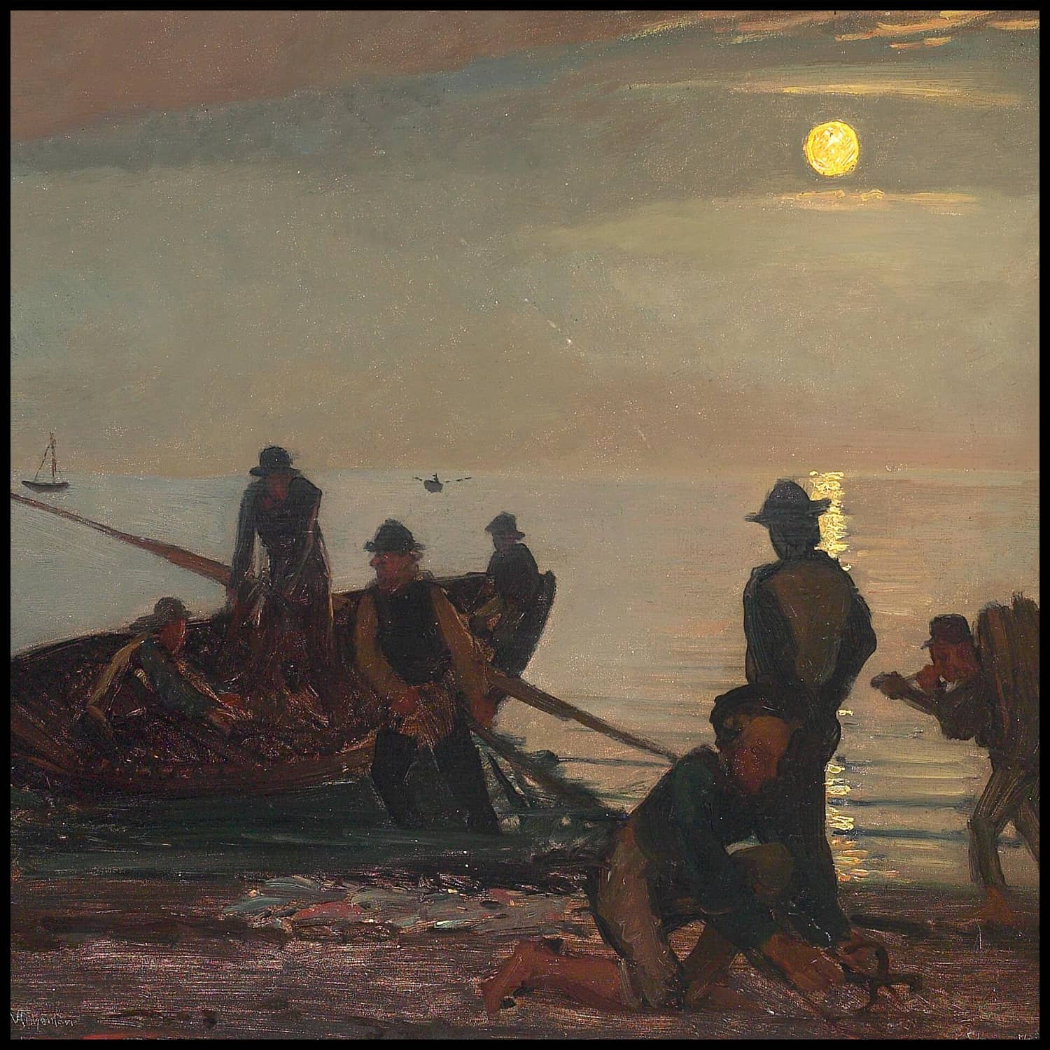 Pêcheurs à Skagen se préparant à aller pêcher au clair de lune