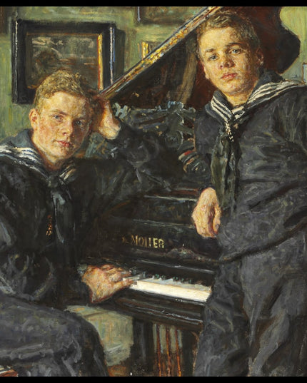 Ingvar and Sven in sailor's attire by the piano. Double portrait