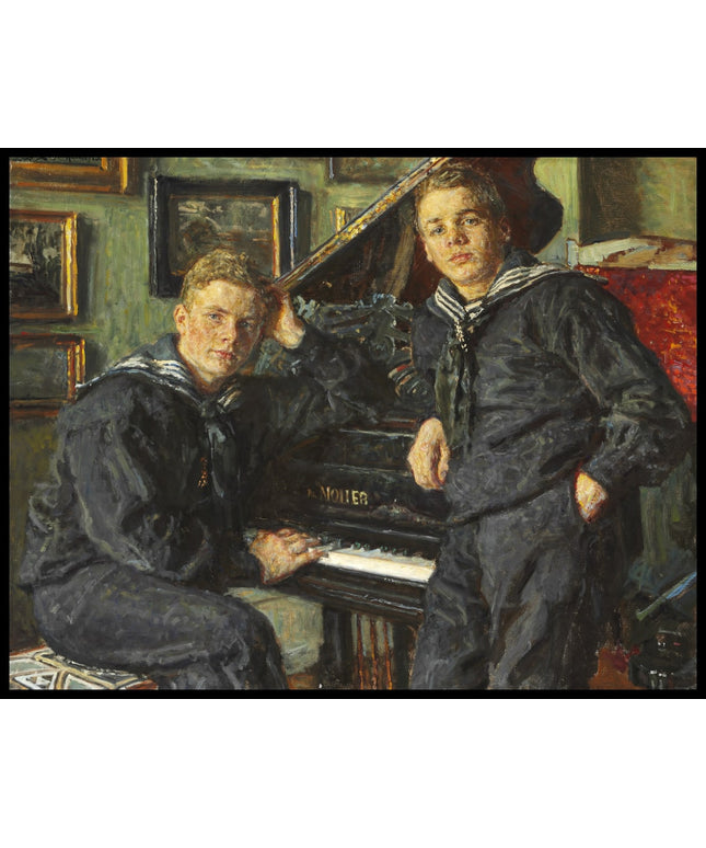 Ingvar and Sven in sailor's attire by the piano. Double portrait