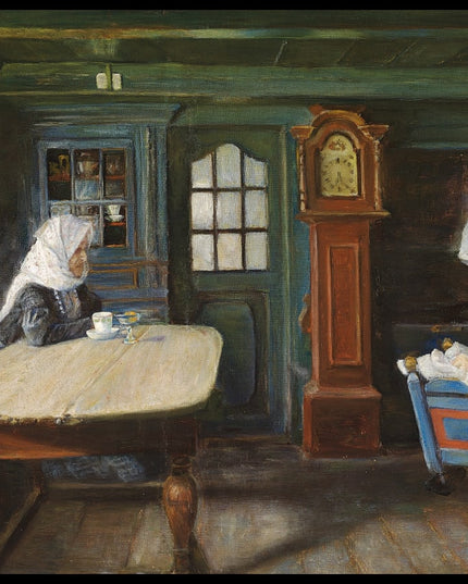 Interior from a peasant's cottage with the little one in the cradle