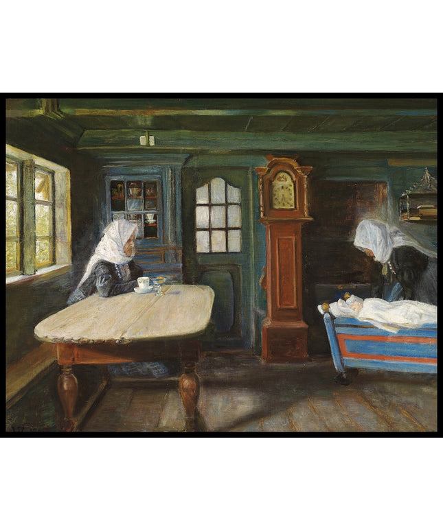 Interior from a peasant's cottage with the little one in the cradle