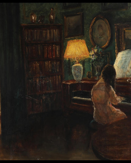 Interior with a woman sitting at the piano, facing away