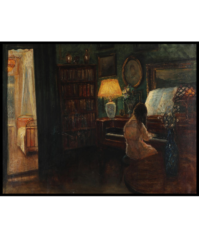 Interior with a woman sitting at the piano, facing away
