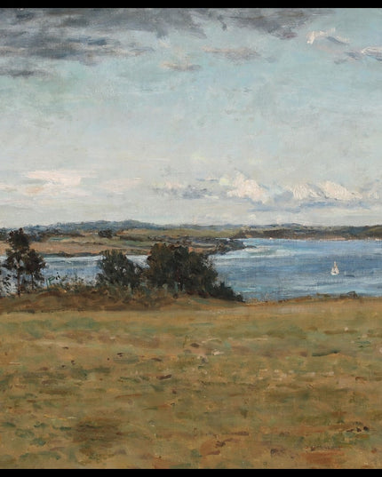 Landscape with a view of a bay, a small sailing ship in the background