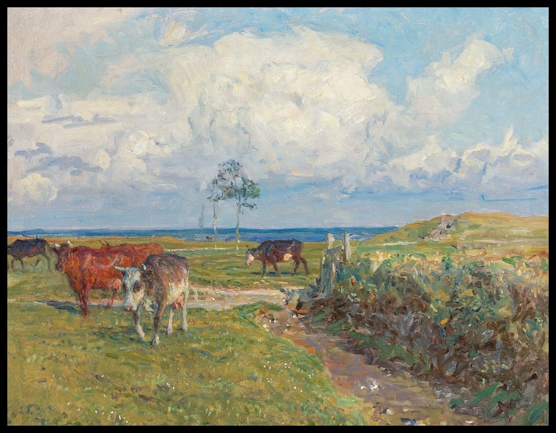 Scène de Dragør avec des vaches en train de brouter