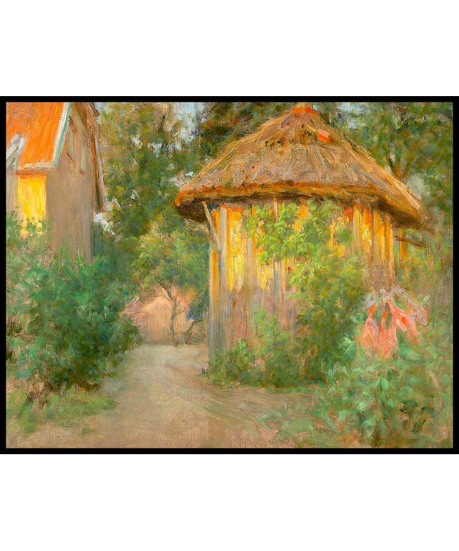 Skagenshus with thatched pavilion in the evening sun