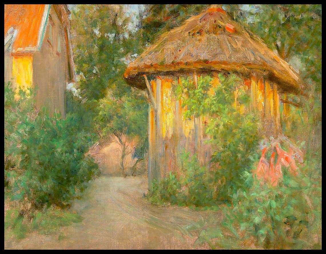 Skagenshus avec pavillon en toit au soleil couchant