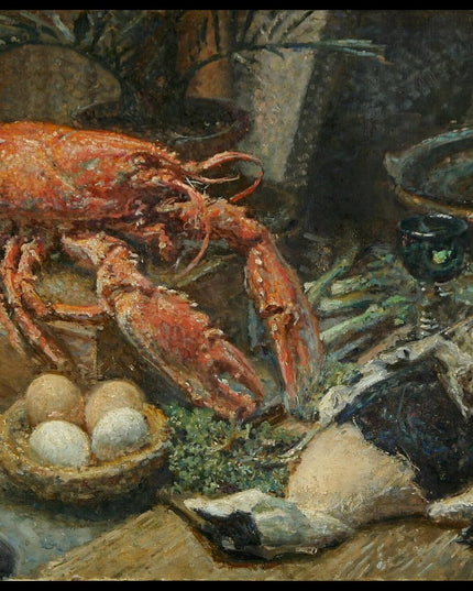 Still life with lobster, eider duck, and vegetables on a table