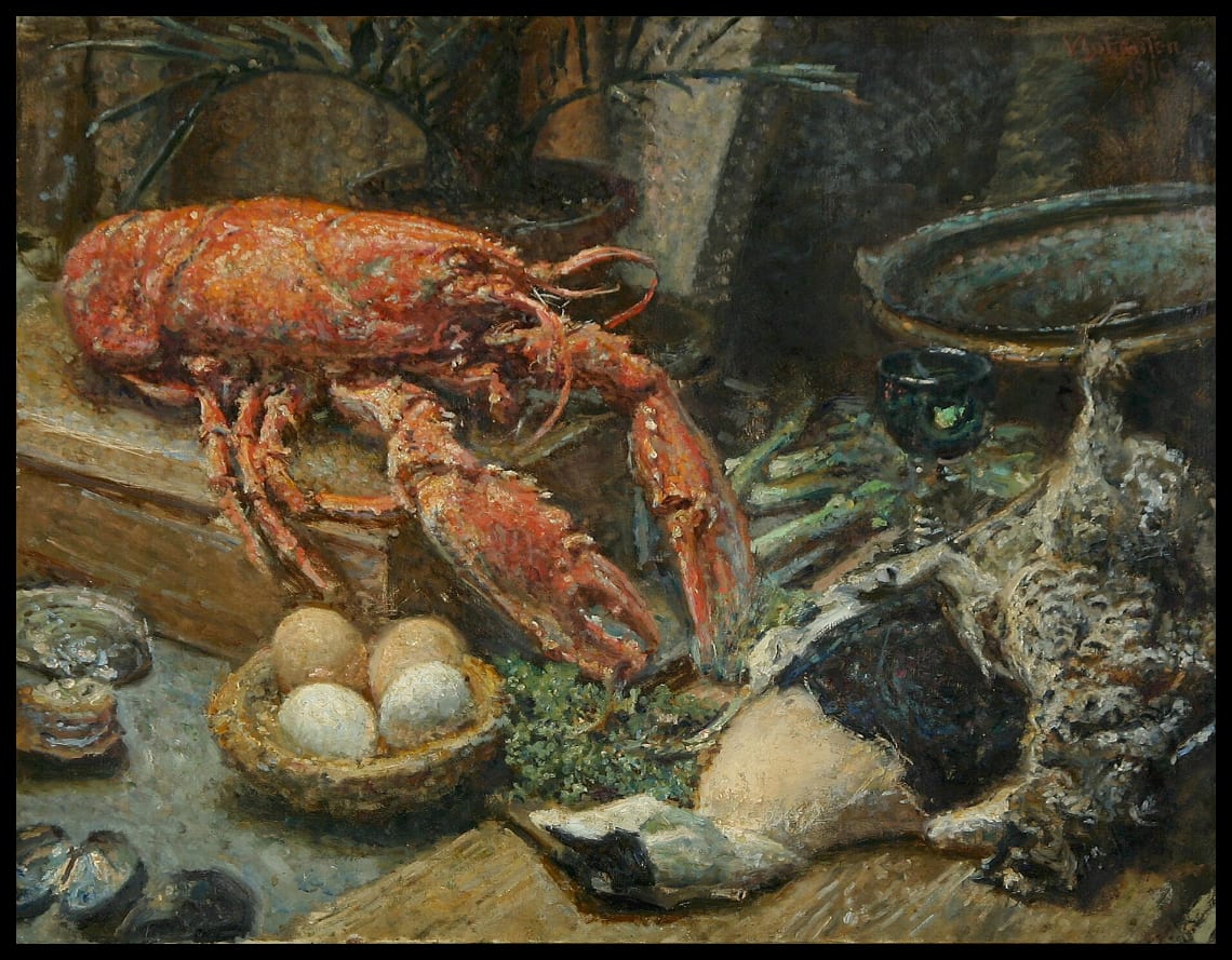 Nature morte avec homard, eider, et légumes sur une table