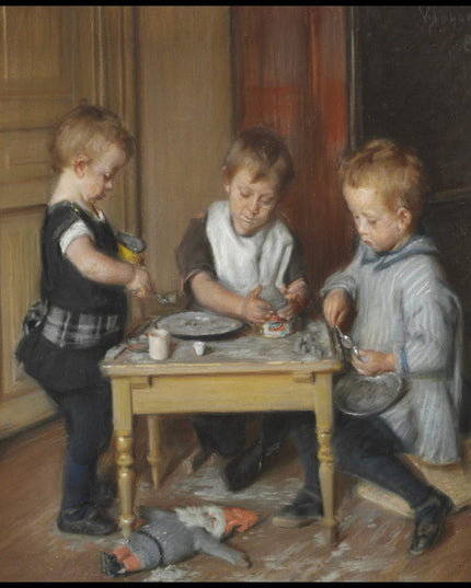 Three of the artist's children at a table