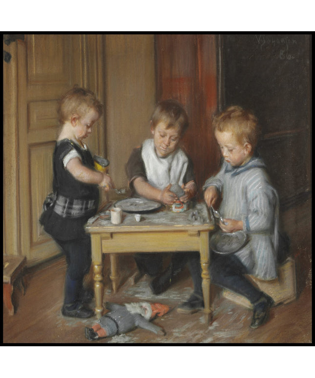 Three of the artist's children at a table