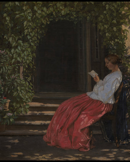 Reading lady outside a garden door