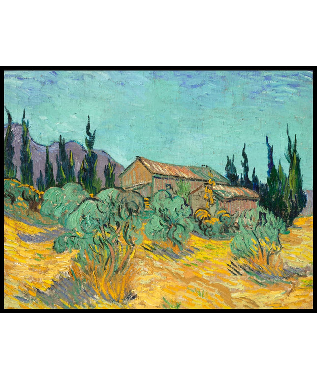 Cabanes de bois parmi les oliviers et cyprès