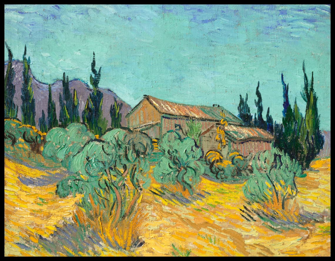 Cabanes de bois parmi les oliviers et cyprès