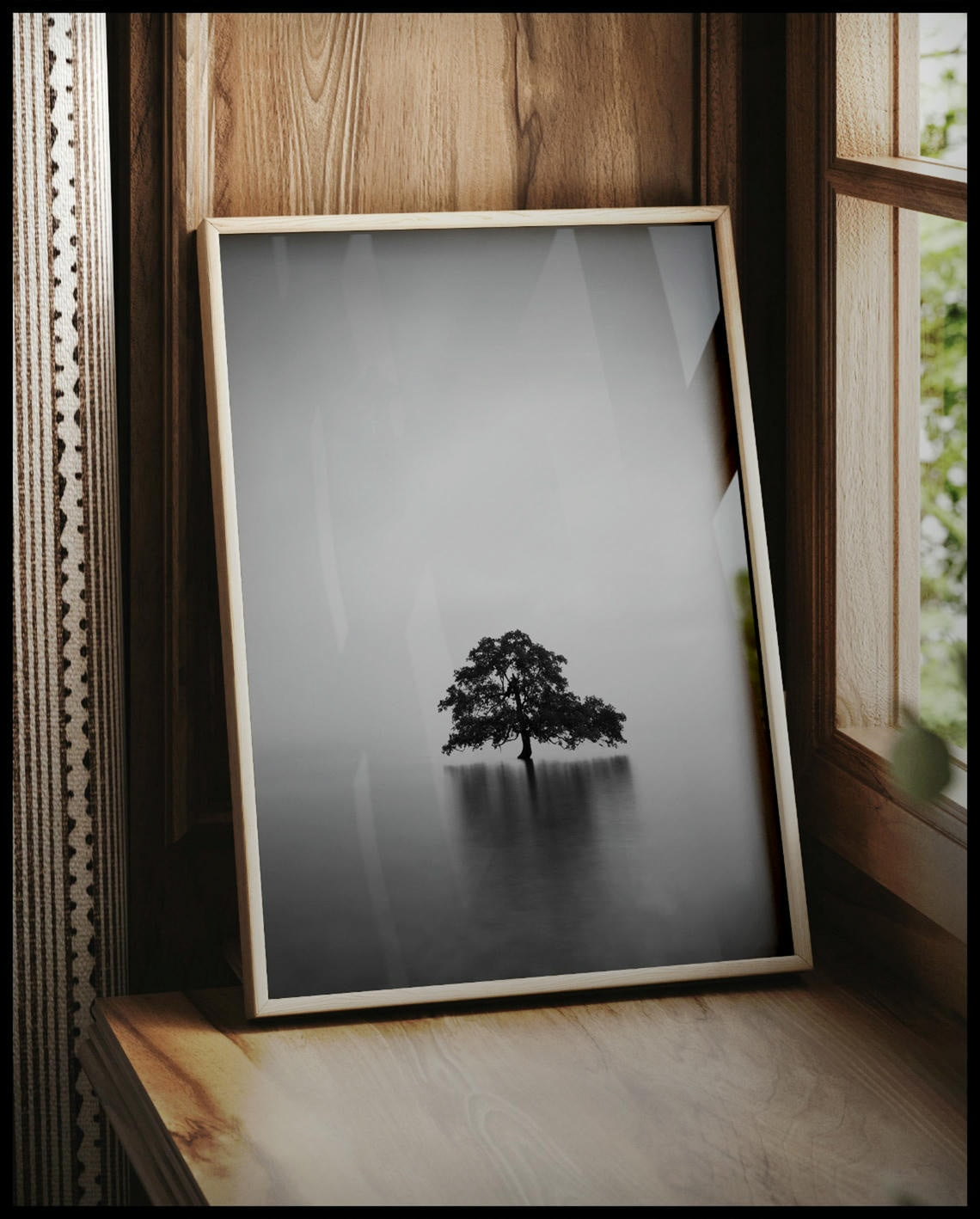 Ein gerahmtes Poster von einem einsamen Baum, der in einem ruhigen See steht, vor einem Fenster an die Wand angelehnt