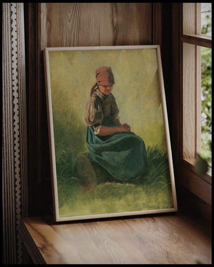 Sitzendes Bauernmädchen mit Kopftuch und blauem Rock